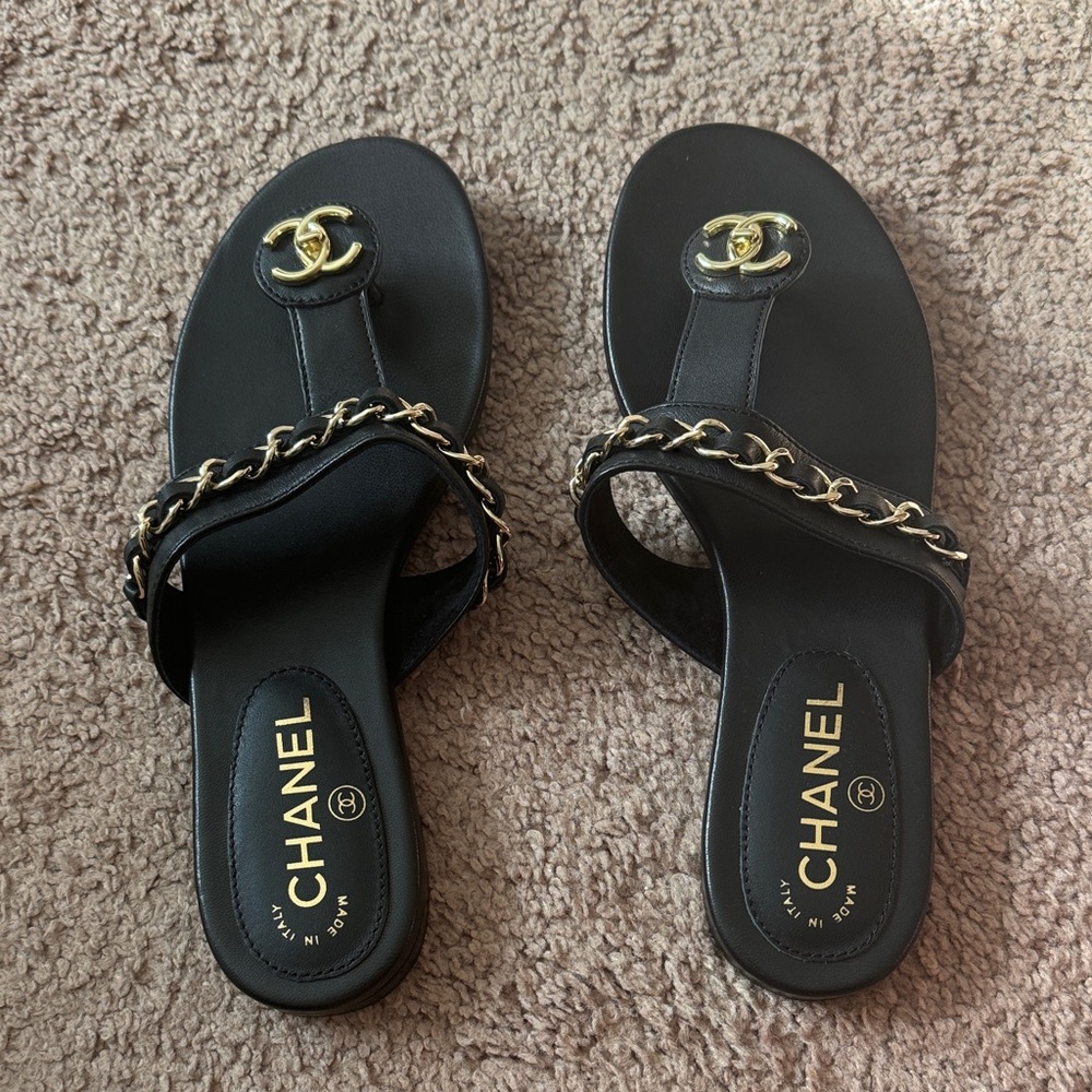Chanel Black Sandals with Gold Chain Detail